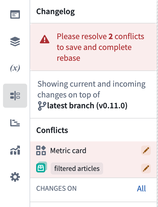 The Changelog panel lists conflicts for a metric card widget and a variable.