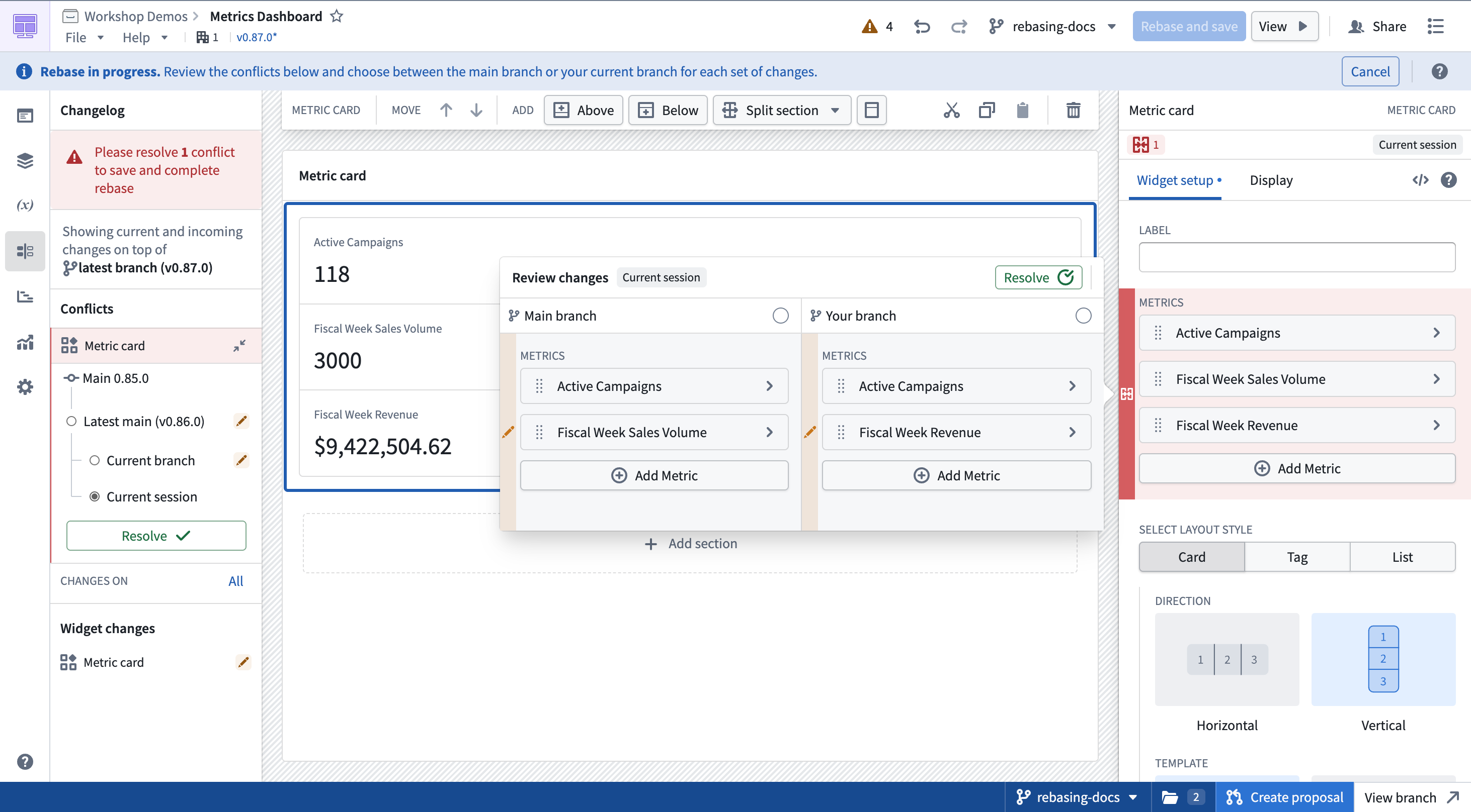The resolved metric card configuration includes the Active Campaigns, Fiscal Week Sales Volume, and Fiscal Week Revenue metrics.