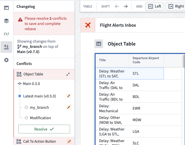 Object table on main with the Departure airport code column.