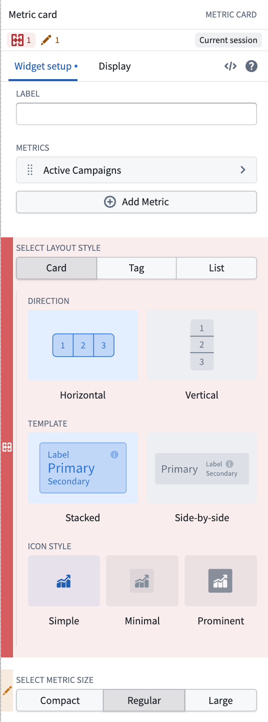 The metric card configuration panel highlights changed fields and displays change icons.
