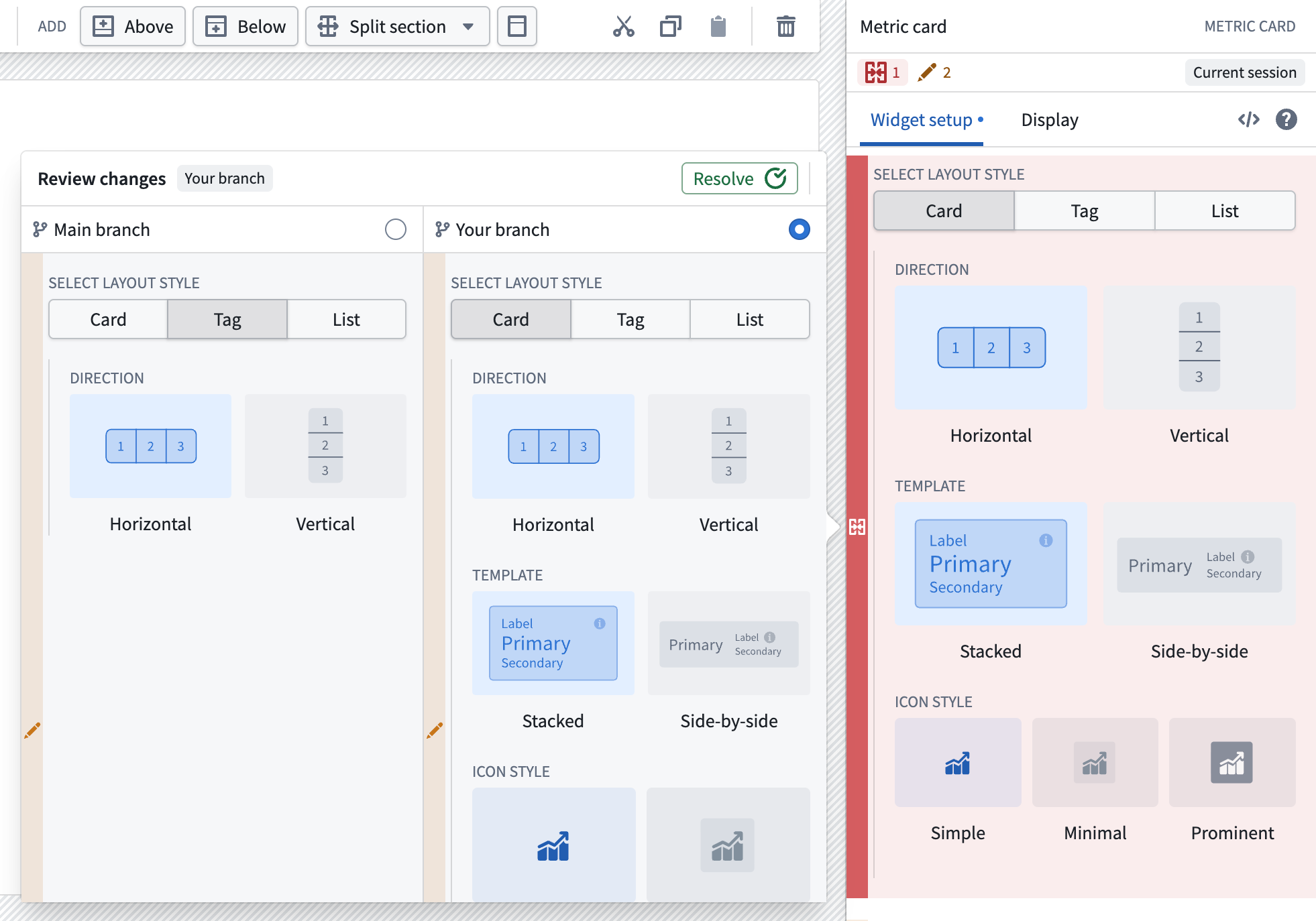 The Review changes dialog compares the metric card configuration on main with the configuration on the branch.
