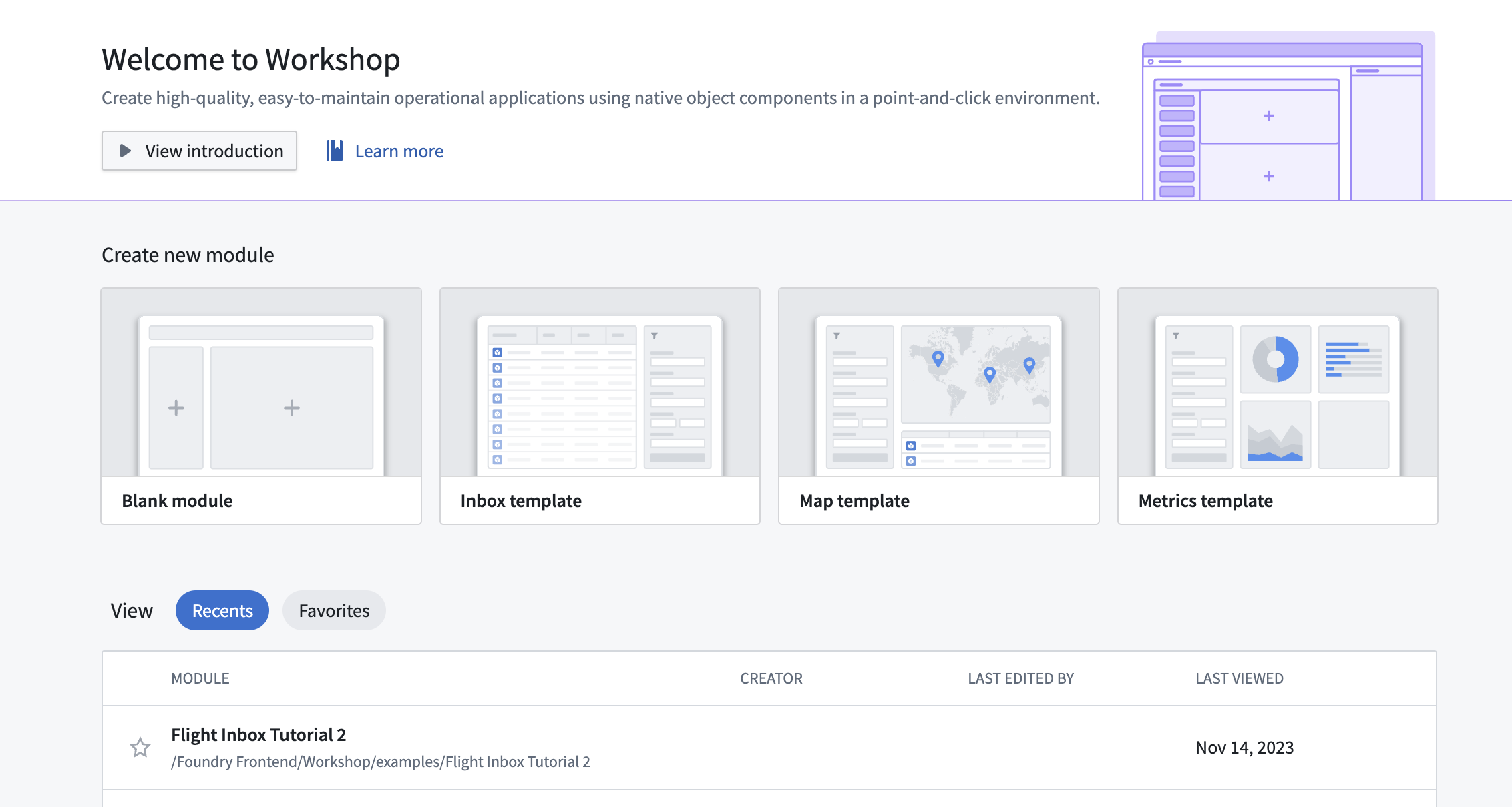 Image showing inbox, map, and metrics templates for Workshop.
