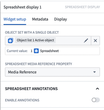 An example configuration of the media reference configuration fro the Spreadsheet Display widget