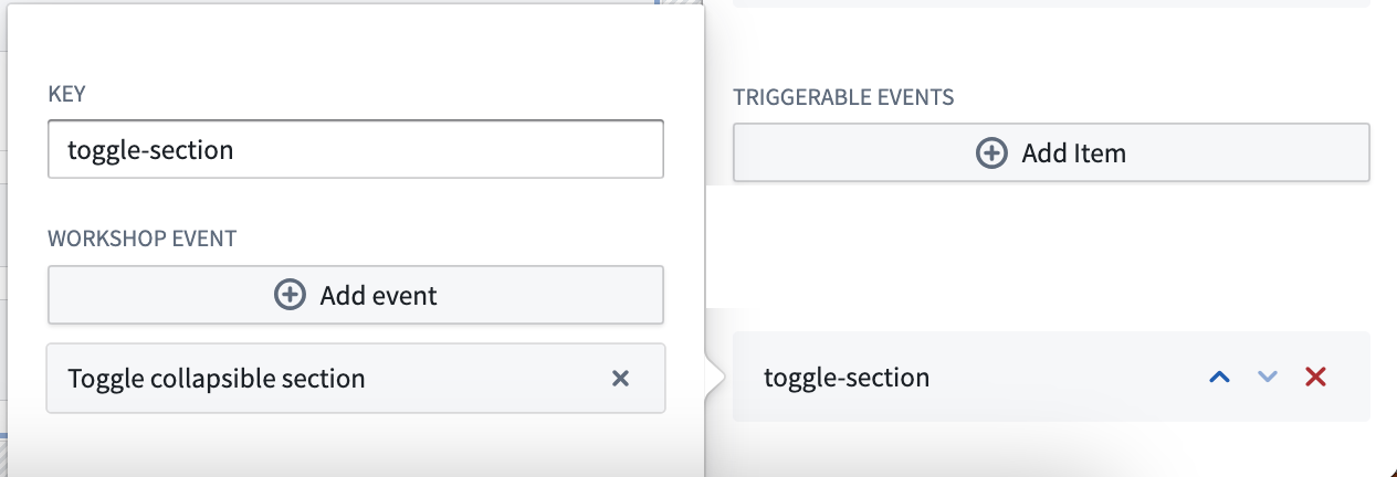 The Triggerable events configuration menu, with options for Key and Workshop event inputs.
