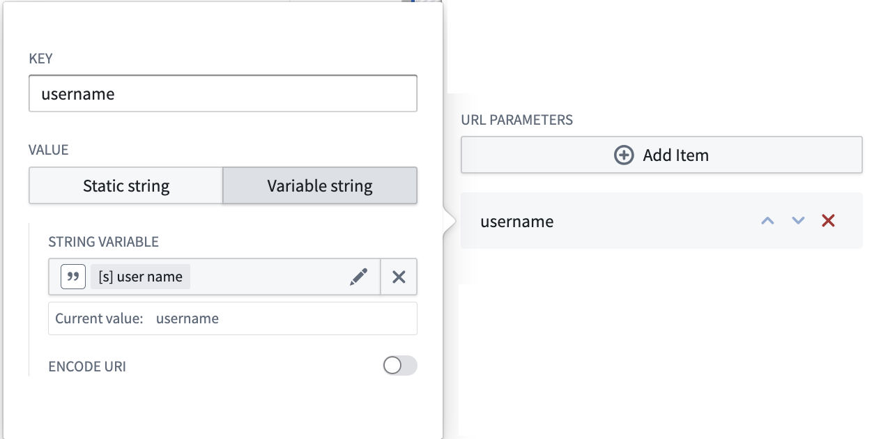 The URL parameter configuration menu, with options for Key and Value inputs.