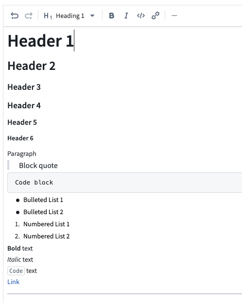 Text Input widget in Markdown mode showing the formatting toolbar and rich text content.