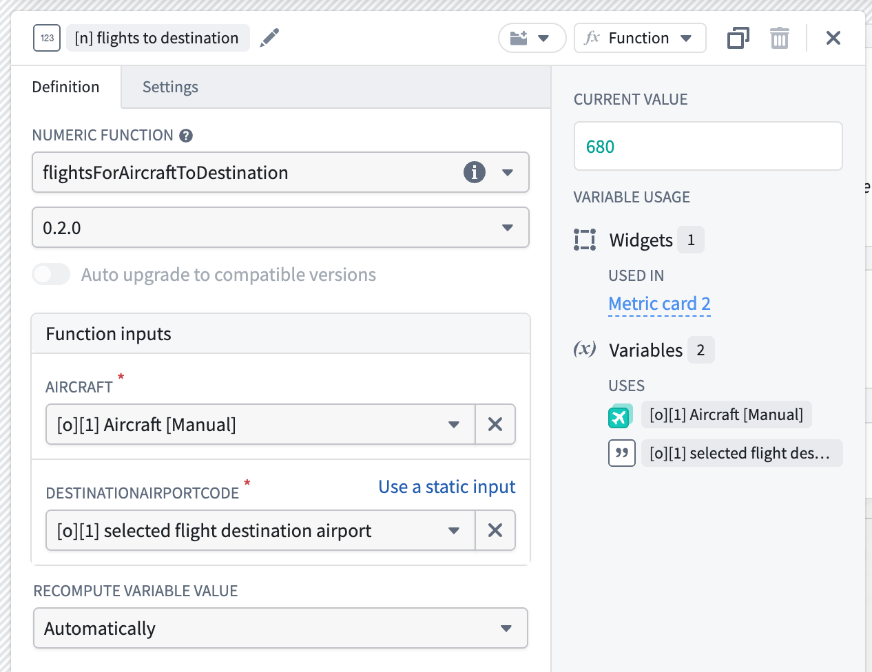 Configuring a function-backed variable with inputs and recompute behavior.