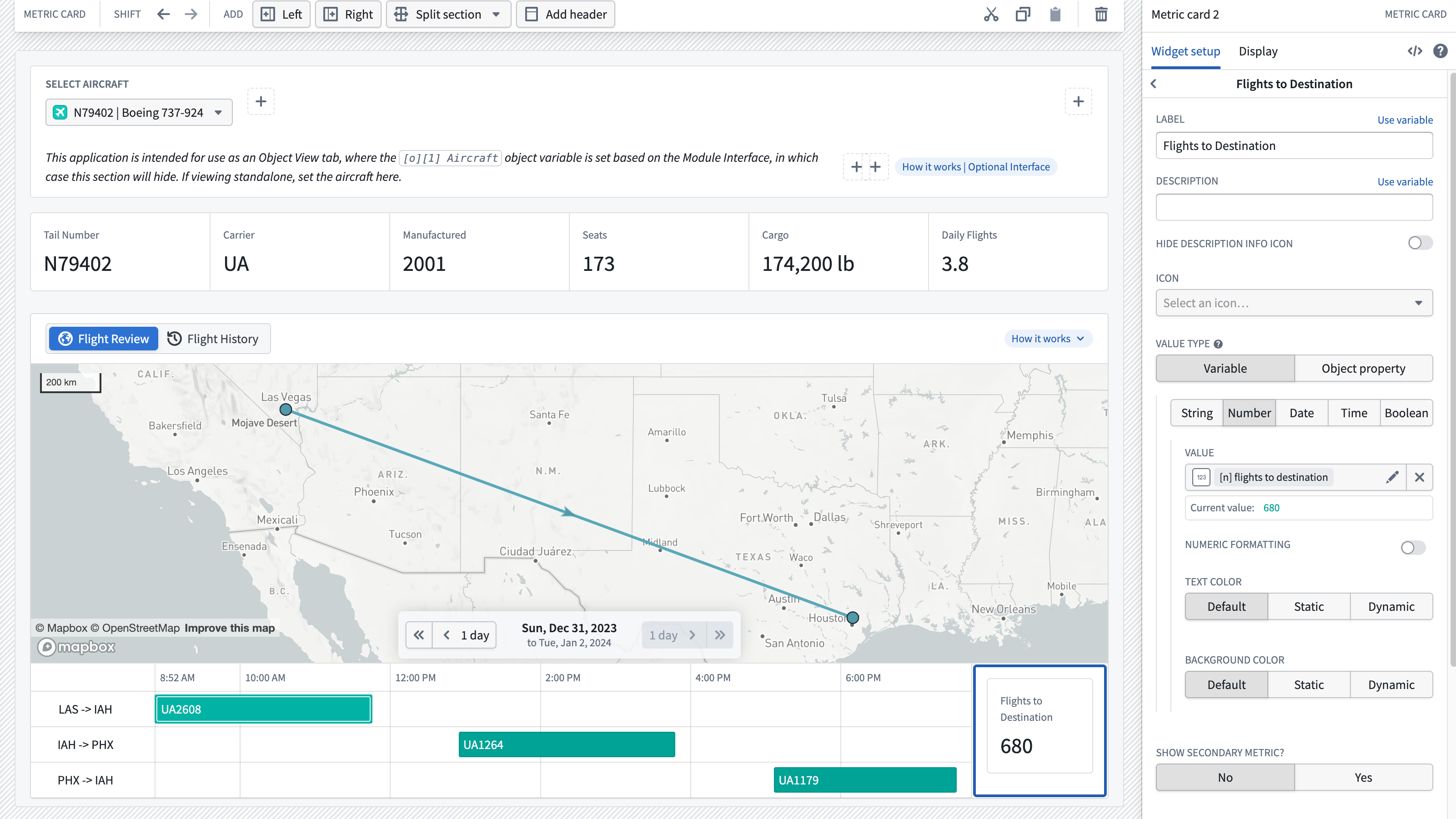 A Workshop module displaying a Gantt chart of flight history with a function-backed Metric Card showing 680 flights to the destination airport.