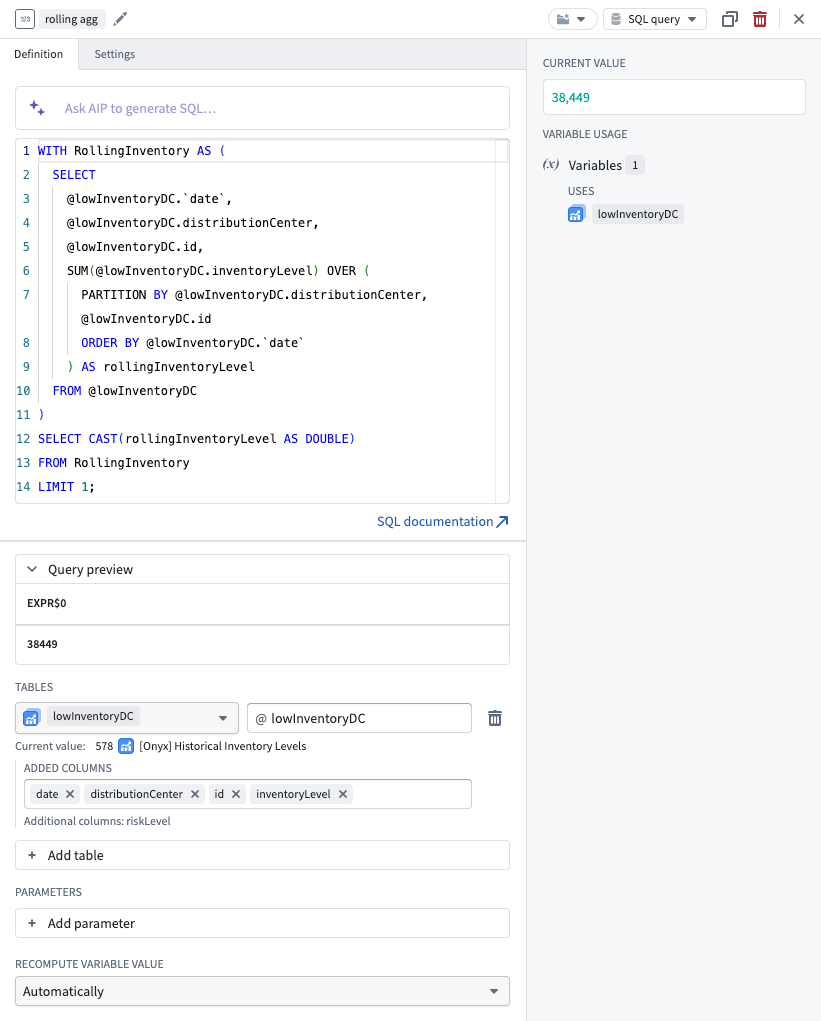 The SQL query variable editor in Workshop.