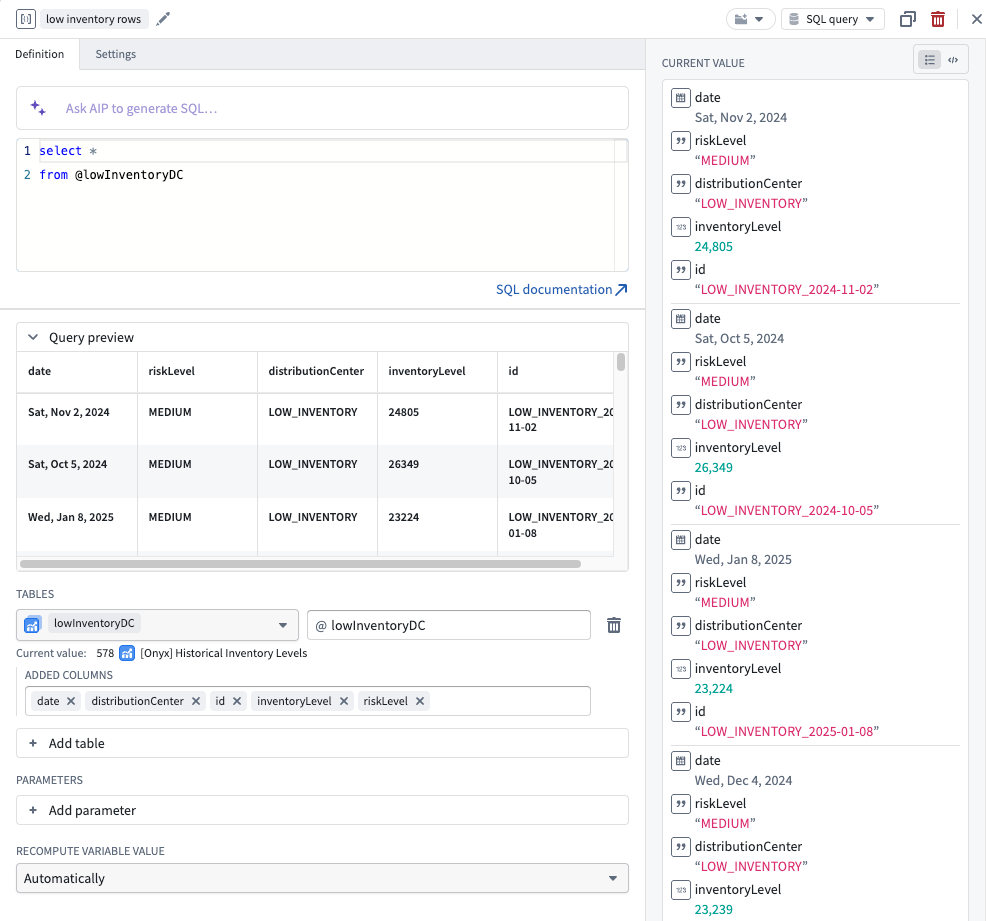 The SQL query variable editor in Workshop returning an array of structs.