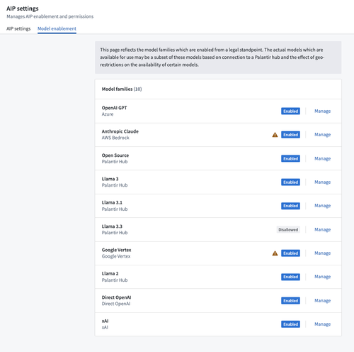Model enablement tab in AIP Settings Control Panel extension.
