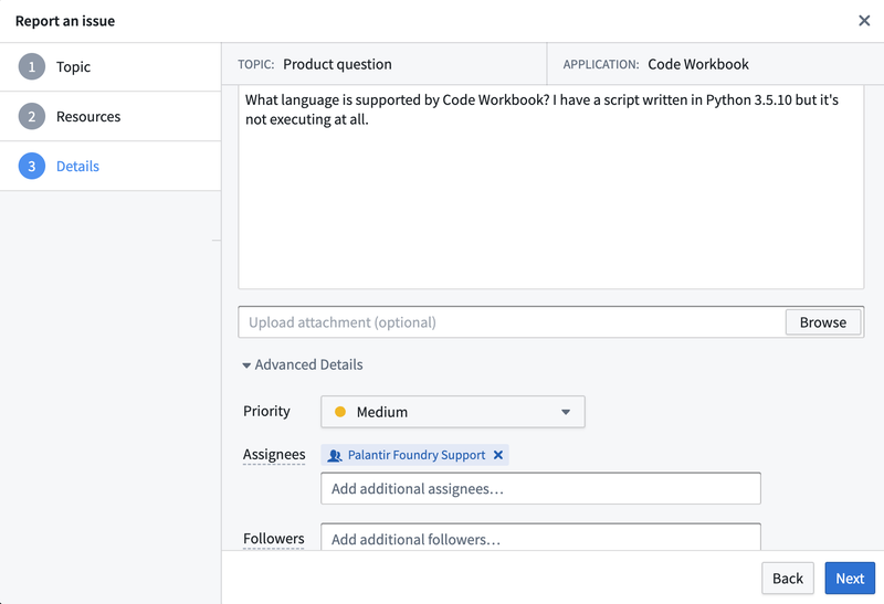 Advanced details prompt in Report an issue
