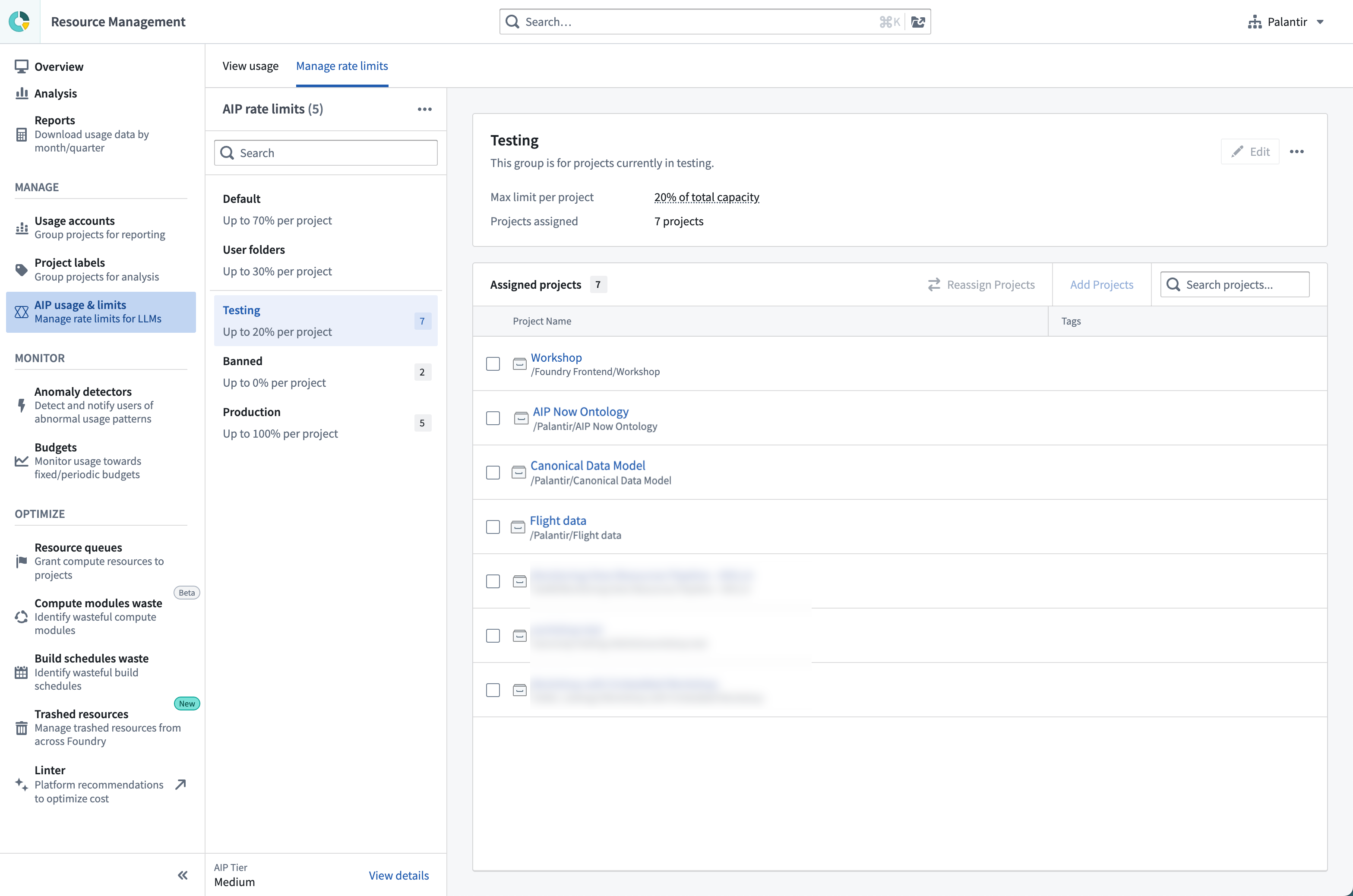 Resource Management アプリケーションの AIP レート制限ページでモデルのレート制限を確認できます。