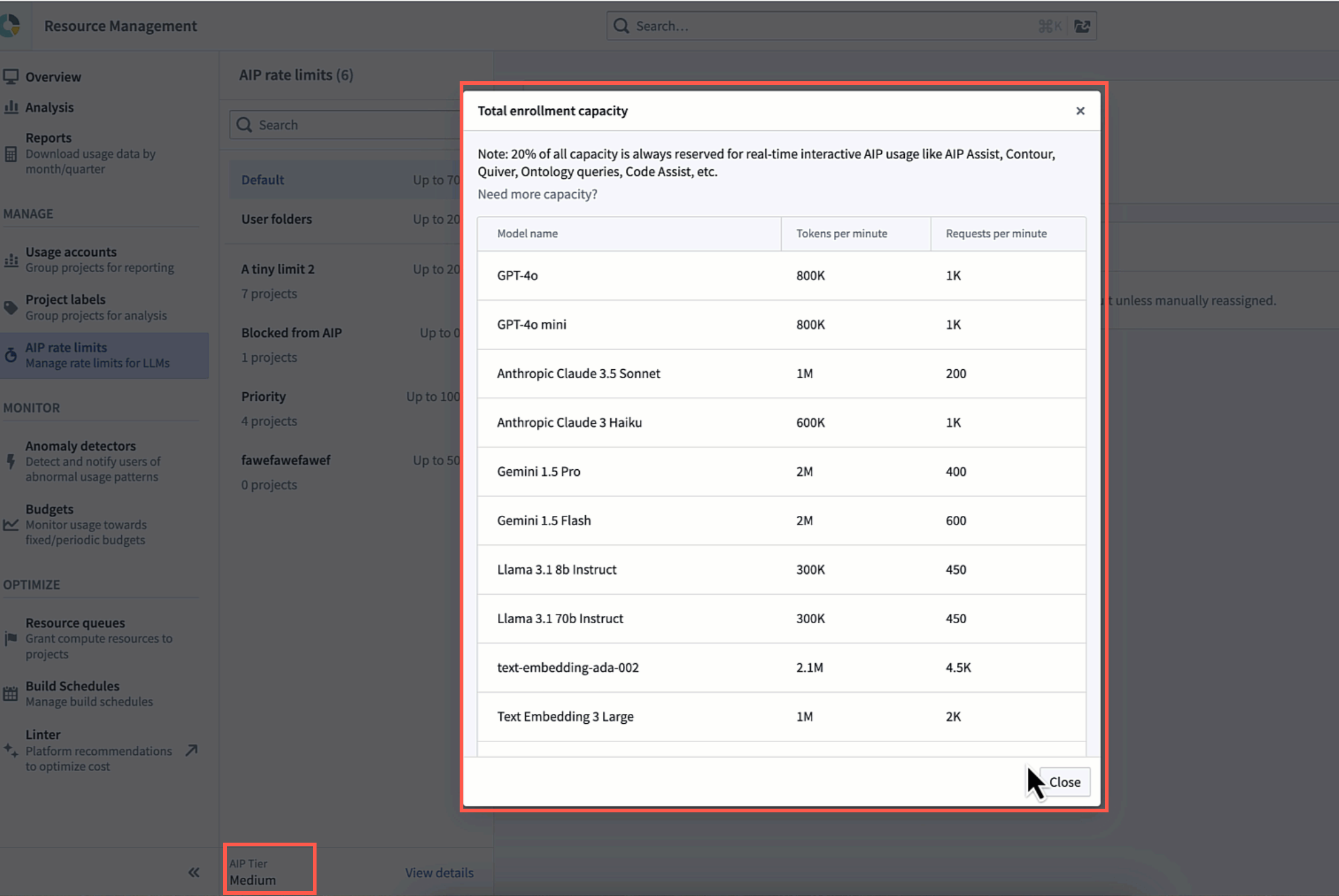 Resource Management アプリケーションで総エンロールメント容量を確認できます。