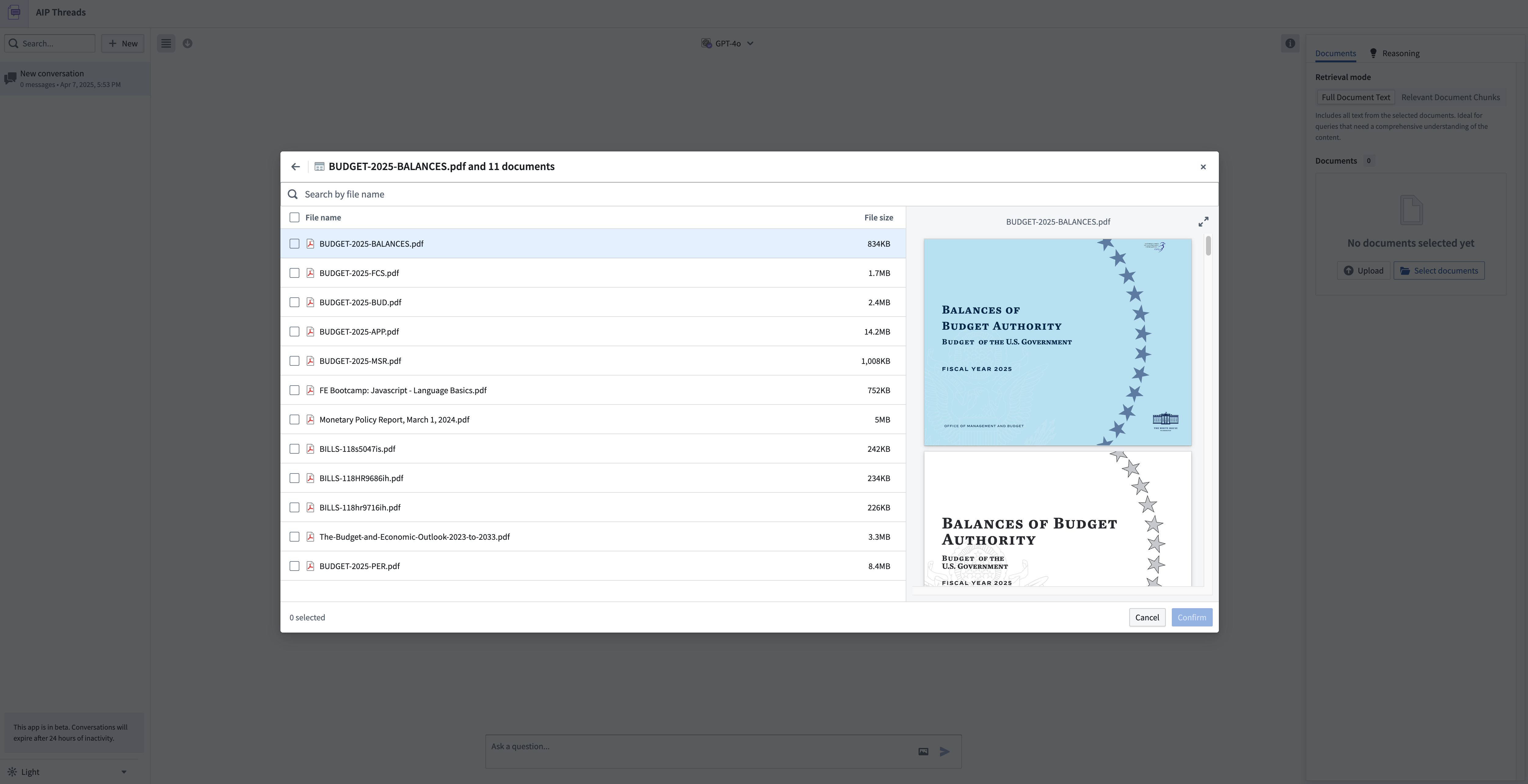 The document selection dialog showing multiple documents selected to be in context.