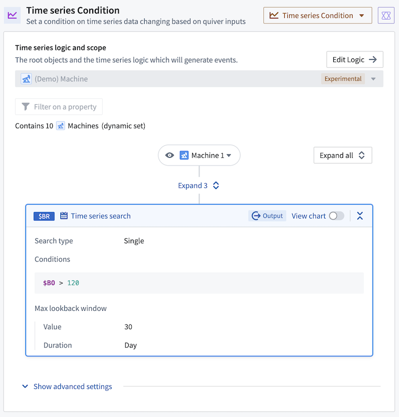 Automateで time series 条件を編集する際に表示される time series 検索ロジック。