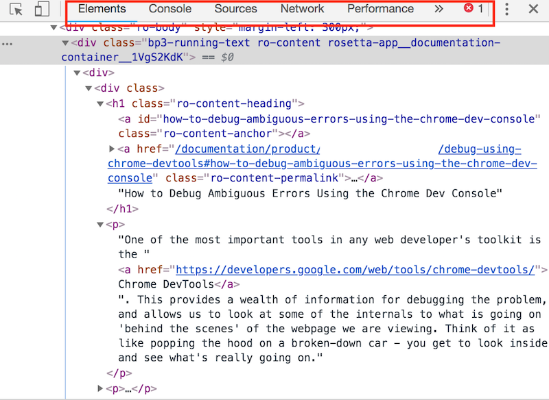 带有红色突出显示标签选择的 DevTools 截图